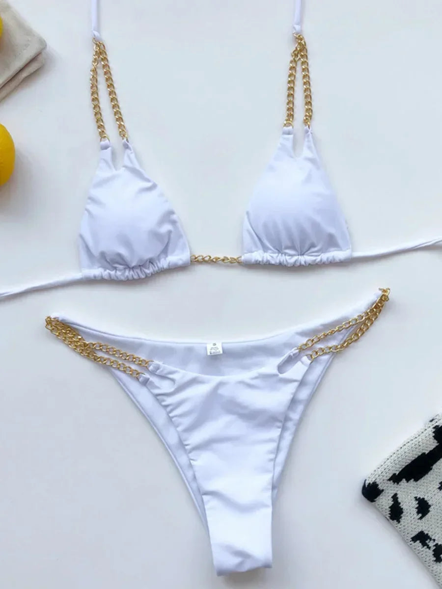 Sexy Halter Metal Chains Brazilian Bikini 2025 Women Swimsuit Female Swimwear Two Pieces Bikini Set Bathing Suit Swim Beach Wear