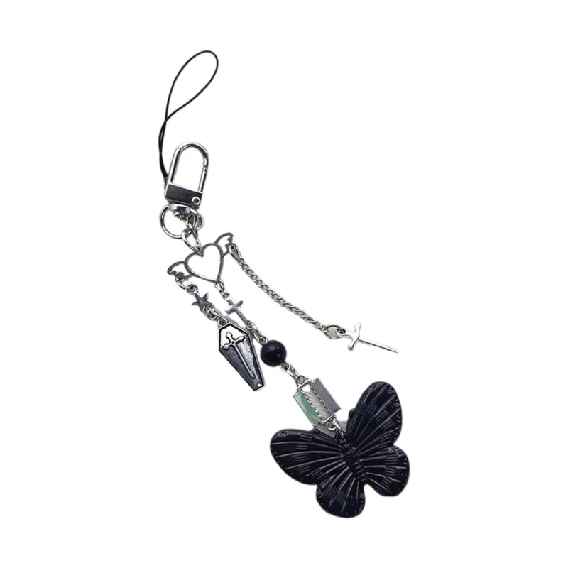Phone Charm Strap Y2K Keychain Kawaii-Cute Pendant Jewelry Keyring Lanyard String Black Cross-Bow Beaded Chain for Women Girl
