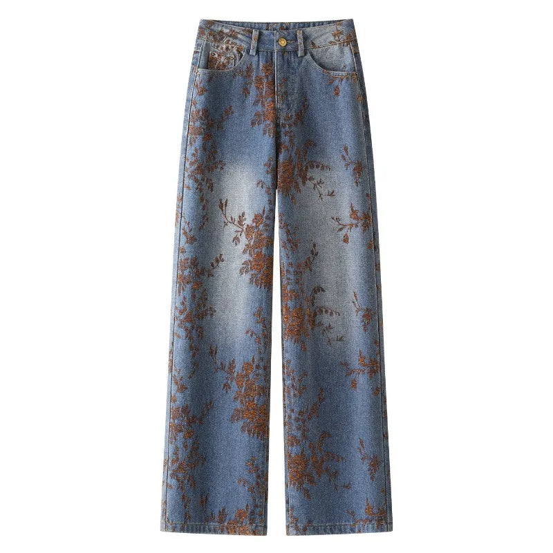 2026 Fashion Jacquard Jeans Women's Vintage Washed Denim Straight Trousers Autumn Winter Loose Casual Pants Comfy Wide-leg Jeans