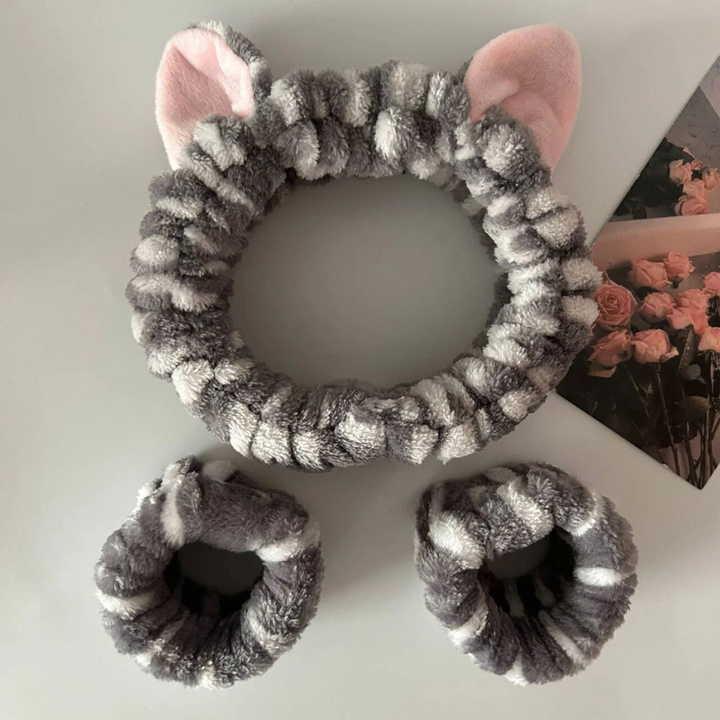 Cute Cat Ears Headband And Wristbands Plush Headband Washing Face Hairbands Suitable For Women And Men Home Casual Headwear