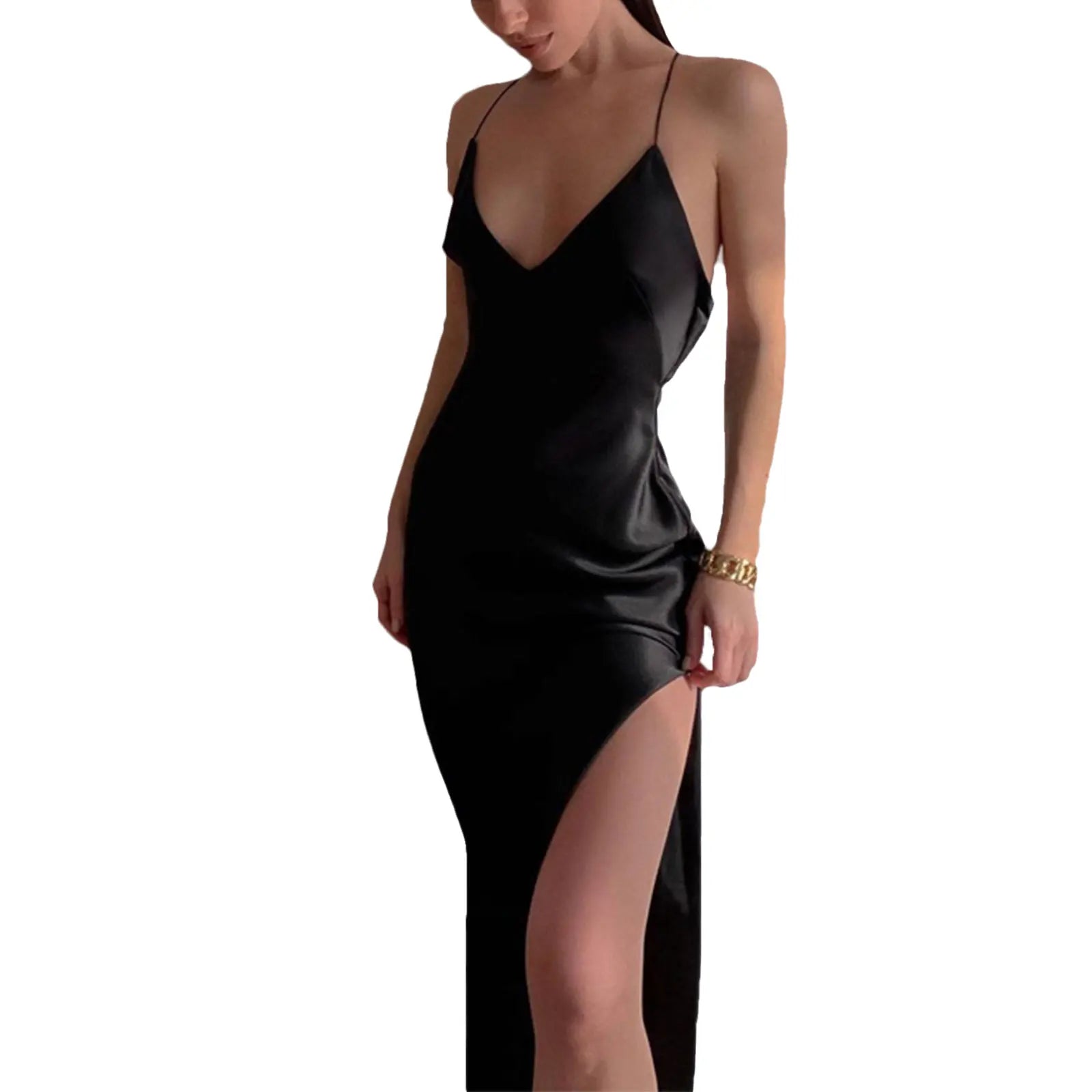 Women Summer Satin Silky Spaghetti Strap Split Long Dress Elegant Sleeveless Backless Club Party Beach Sexy Dresses Vestito