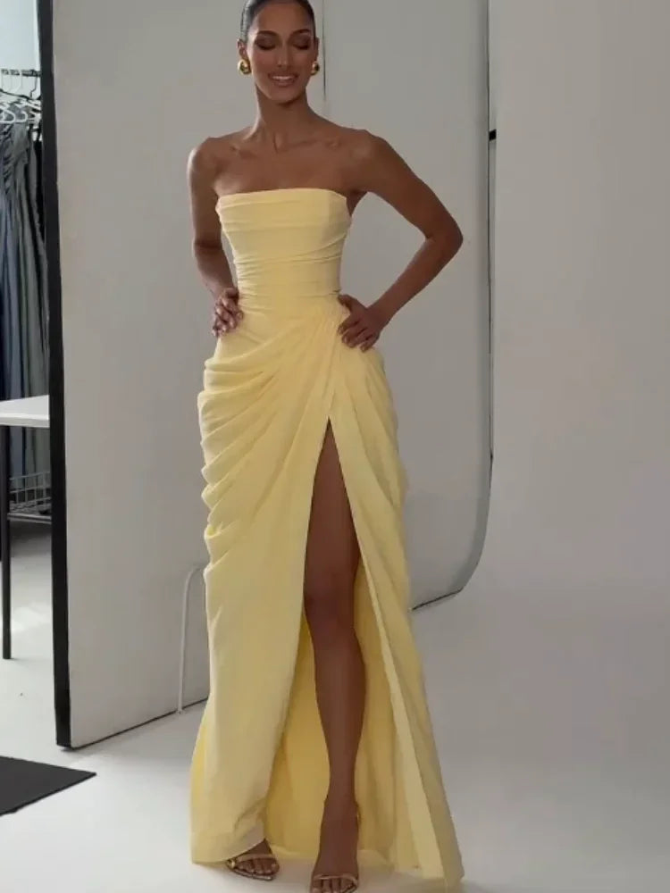 Women Yellow Elegant Strapless Pleated Dress Sexy Sleeveless Waist Cinching Split Maxi Gowns 2026 Lady New Evening Party Dresses