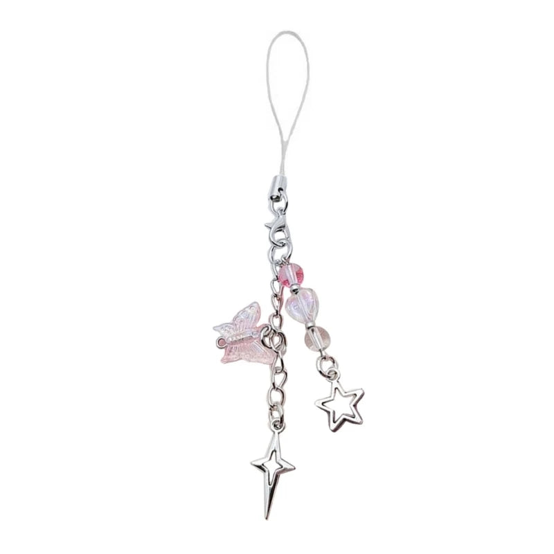 Phone Charm Strap Y2K Keychain Kawaii-Cute Pendant Jewelry Keyring Lanyard String Black Cross-Bow Beaded Chain for Women Girl