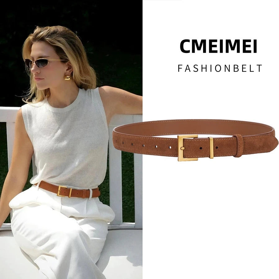 2024 New Double Genuine Leather Belt for Women, Cowhide Suede Belts with Trendy Square Alloy Buckle, Ideal for Dresses and Jeans