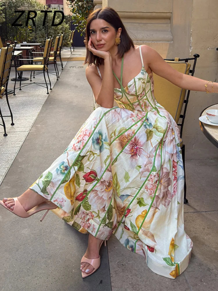 Fashion Halter Printed Sling Long Dress Women Pleat Backless Sleeveless A-line Holiday Dresses 2026 Summer Lady Contrast Robes