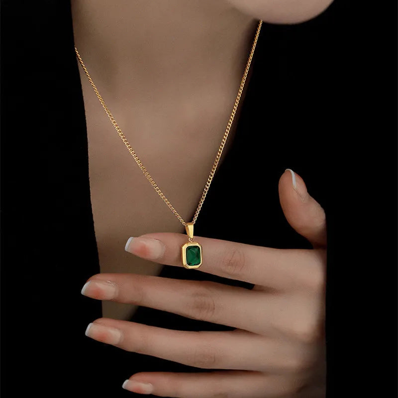 Fashion Retro Square Green Zircon Pendant Necklaces For Women Charm Necklace Girls Wedding Engagement Jewelry Gift