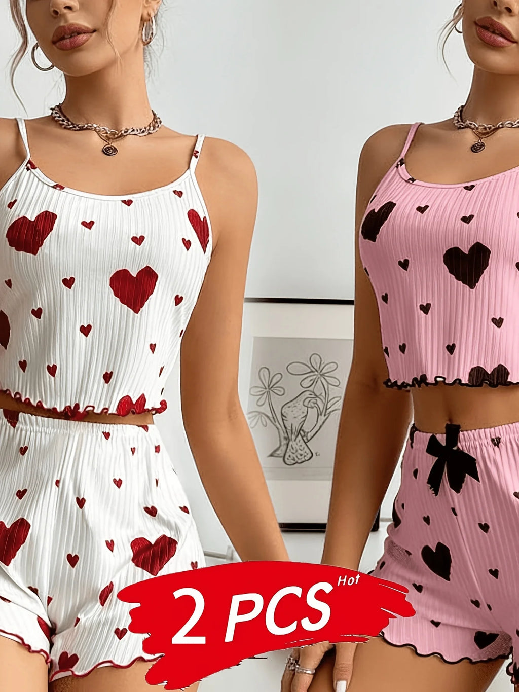 2PCS Women'S Two-Piece Sleepwear Set, Featuring a Camisole And Shorts with a Heart Design, Comfortable Loungewear for Casual Use