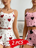 2PCS Women'S Two-Piece Sleepwear Set, Featuring a Camisole And Shorts with a Heart Design, Comfortable Loungewear for Casual Use