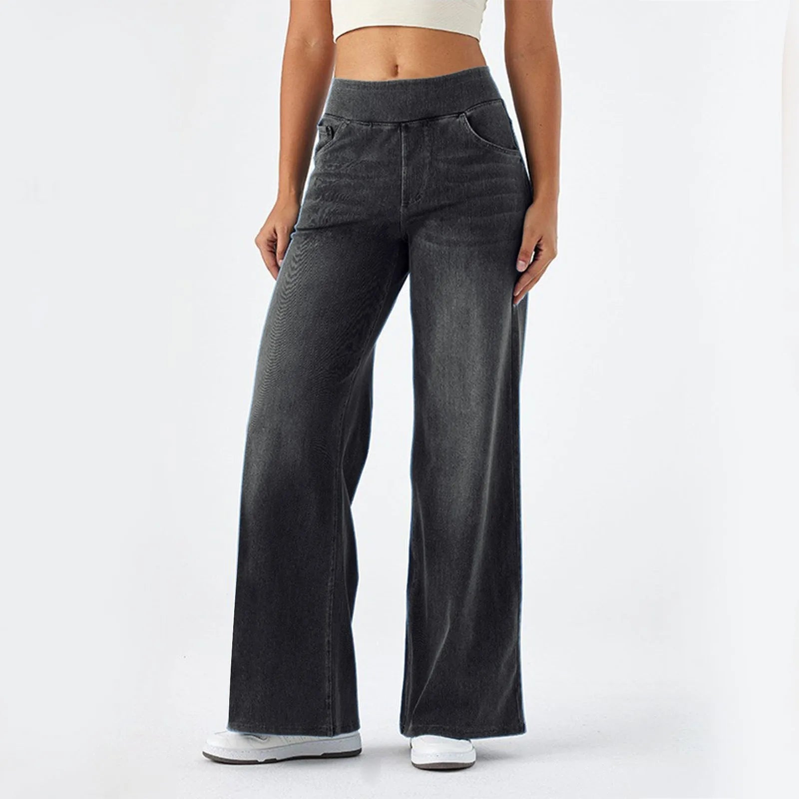 Baggy Jeans Women Pull On Wide Leg Jeans With Elastic Waistband High Waist Stretch Wide Leg Jeans Women With 4 Pockets
