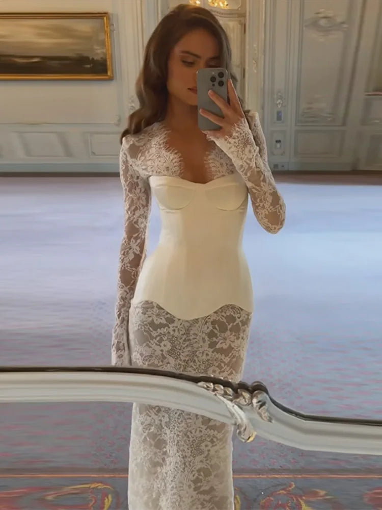 Lace Sheer Sweetheart Neck Maxi Dress Long Sleeve Corset Waist Mermaid Hem Bridal Gown 2026 Summer Elegant Form-Fitting Dresses