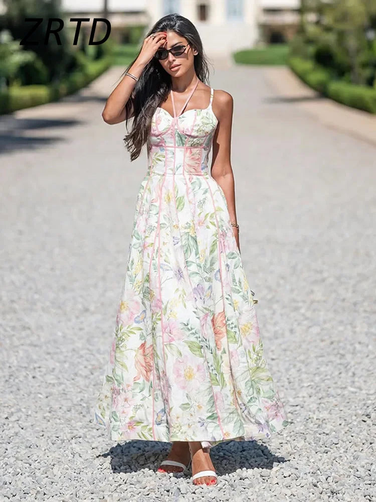Fashion Halter Printed Sling Long Dress Women Pleat Backless Sleeveless A-line Holiday Dresses 2026 Summer Lady Contrast Robes