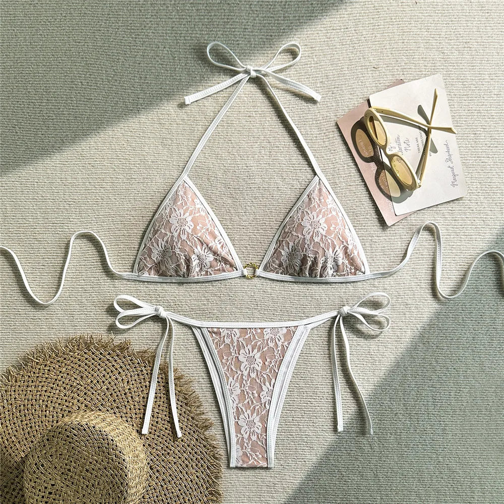 Sexy Black Lace Mesh Swimwear Halter String Triangle Bikinis Sets Mini Micro Thong Swimsuit Woman 2026 Bathing Suit Bikini Mujer