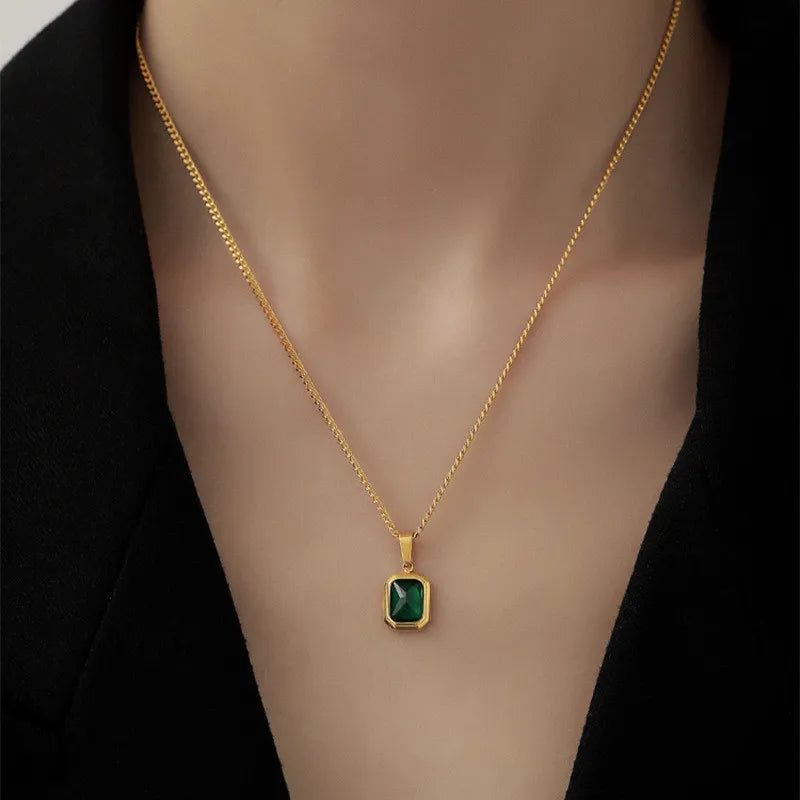 Fashion Retro Square Green Zircon Pendant Necklaces For Women Charm Necklace Girls Wedding Engagement Jewelry Gift