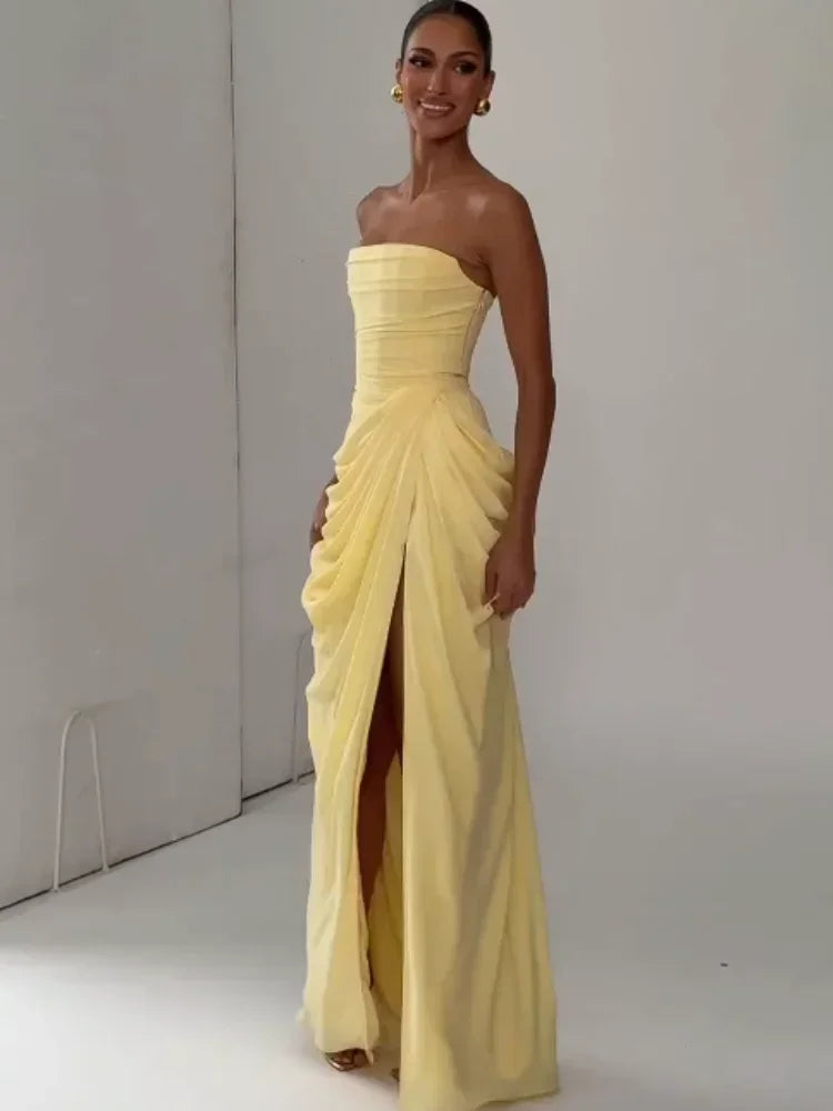 Women Yellow Elegant Strapless Pleated Dress Sexy Sleeveless Waist Cinching Split Maxi Gowns 2026 Lady New Evening Party Dresses
