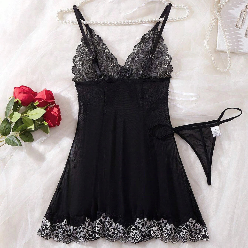 Transparent Black Sexy Lingerie Women Underwear See Through Sleepwear Lace Nightdress And Thongs Pijamas Sets Female Sexy Nighty