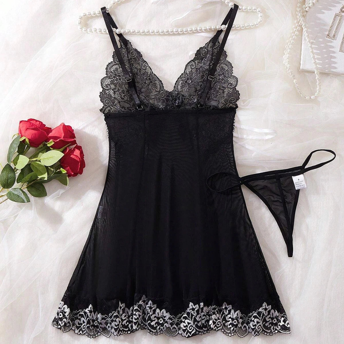 Transparent Black Sexy Lingerie Women Underwear See Through Sleepwear Lace Nightdress And Thongs Pijamas Sets Female Sexy Nighty