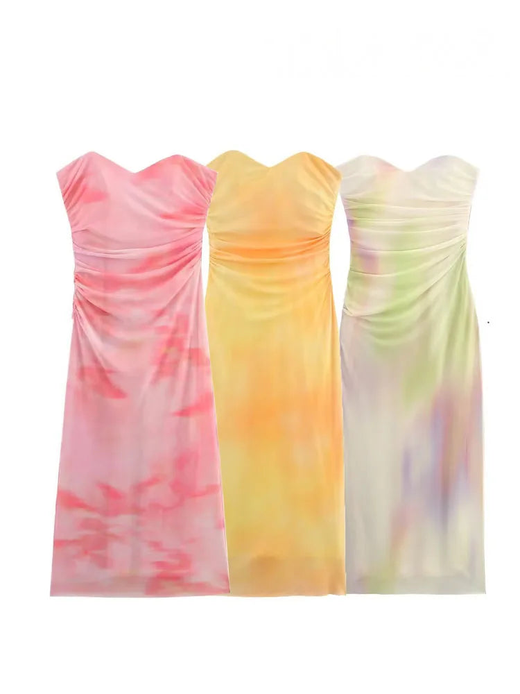HH Women Summer Beach Style Dresses Strapless Sleeveless Pleated Zipper Female Printed Split Hem Tulle Backless Midi Dress