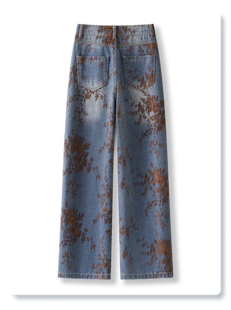 2026 Fashion Jacquard Jeans Women's Vintage Washed Denim Straight Trousers Autumn Winter Loose Casual Pants Comfy Wide-leg Jeans