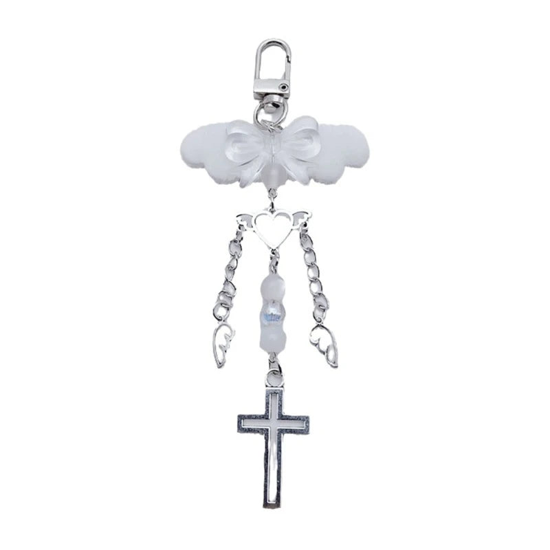 Phone Charm Strap Y2K Keychain Kawaii-Cute Pendant Jewelry Keyring Lanyard String Black Cross-Bow Beaded Chain for Women Girl