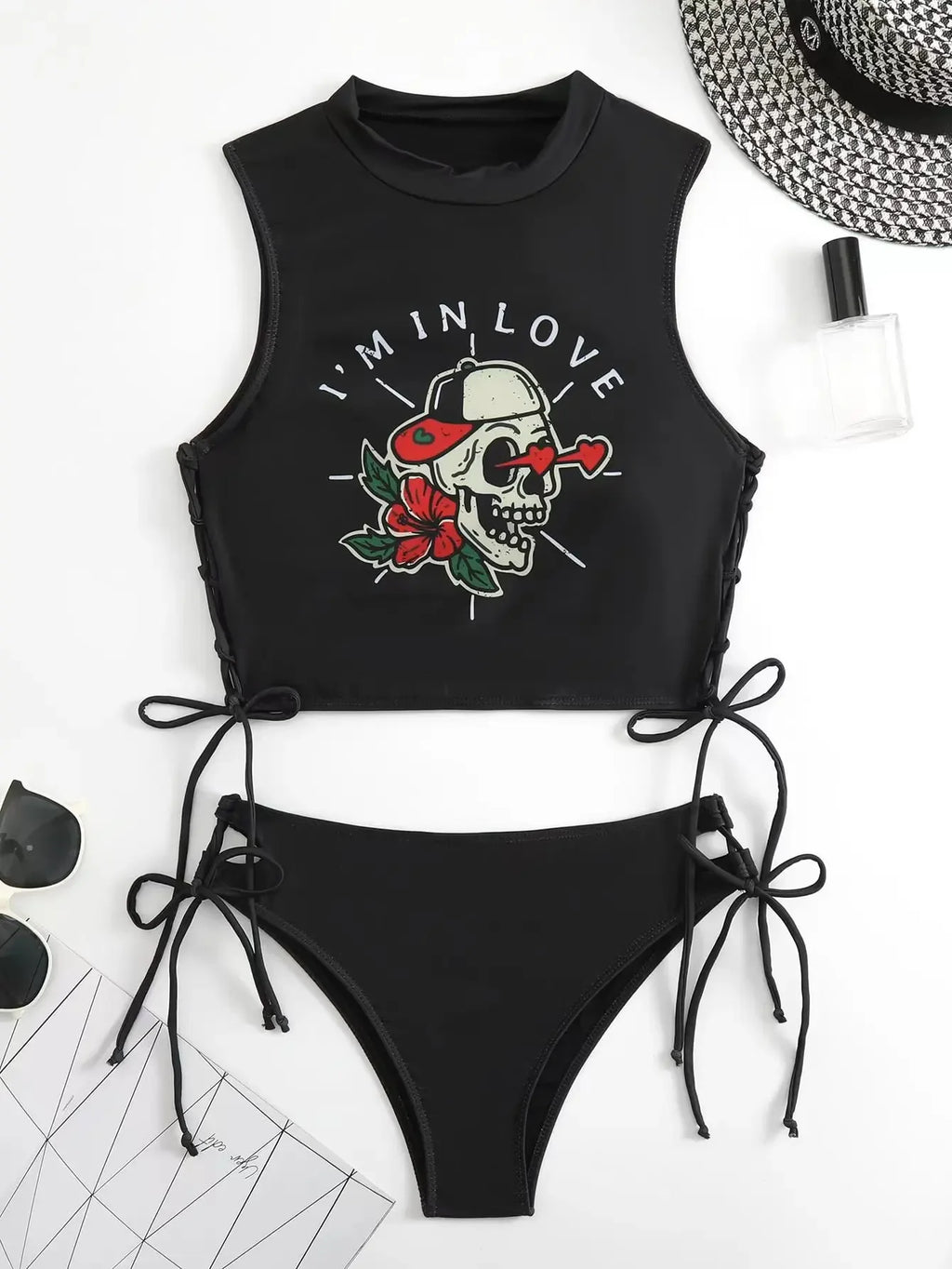 Sexy Skull Letter Print Bikini Set 2024 Women Black Push Up Crop Top Bandage Tie Side High Waist Swimsuit Bathing Suit Swimwear