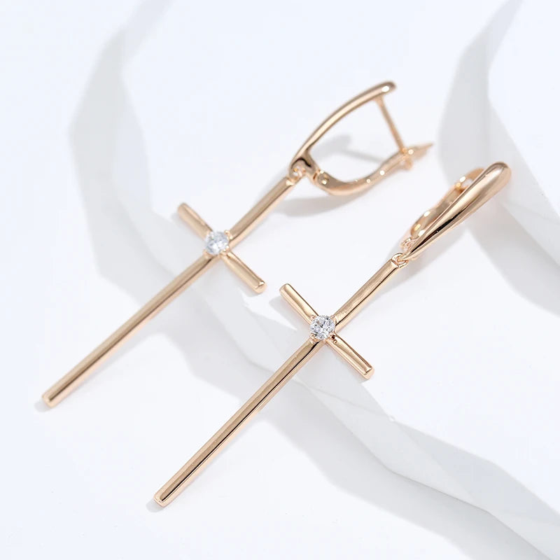 Kinel Hot 585 Rose Gold Color Glossy Cross Long Drop Earrings For Women Fashion Natural Zircon Accessories Religion Jewelry