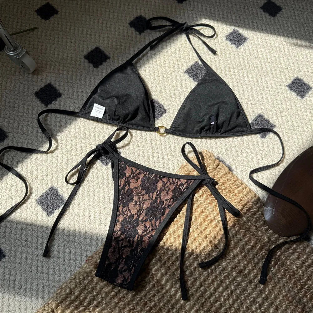 Sexy Black Lace Mesh Swimwear Halter String Triangle Bikinis Sets Mini Micro Thong Swimsuit Woman 2026 Bathing Suit Bikini Mujer
