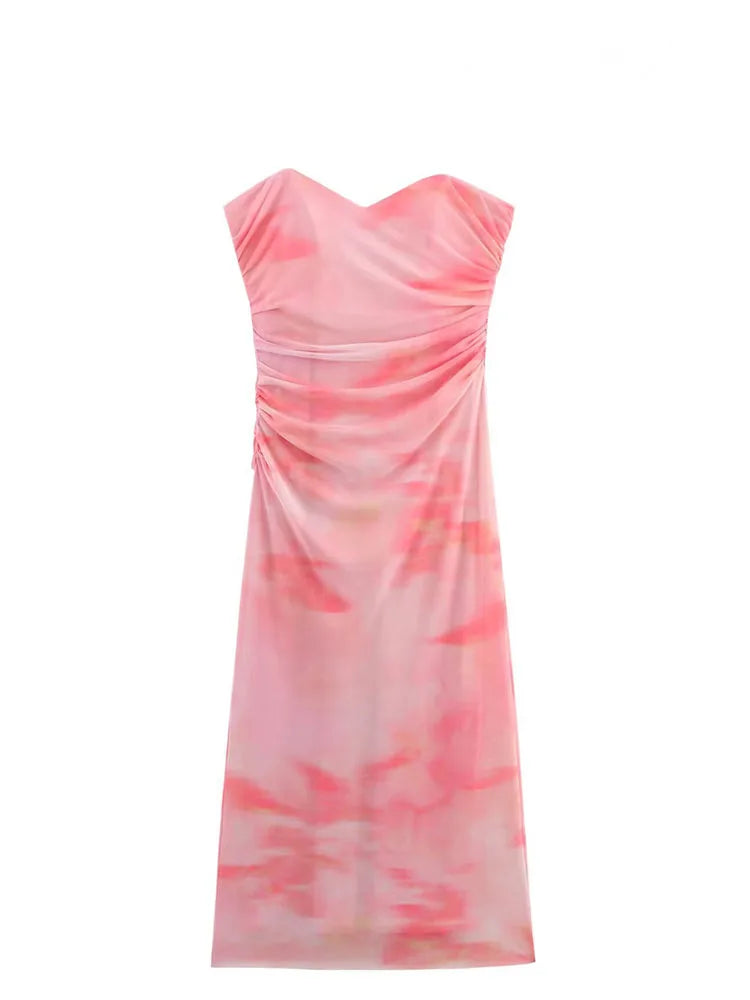 HH Women Summer Beach Style Dresses Strapless Sleeveless Pleated Zipper Female Printed Split Hem Tulle Backless Midi Dress