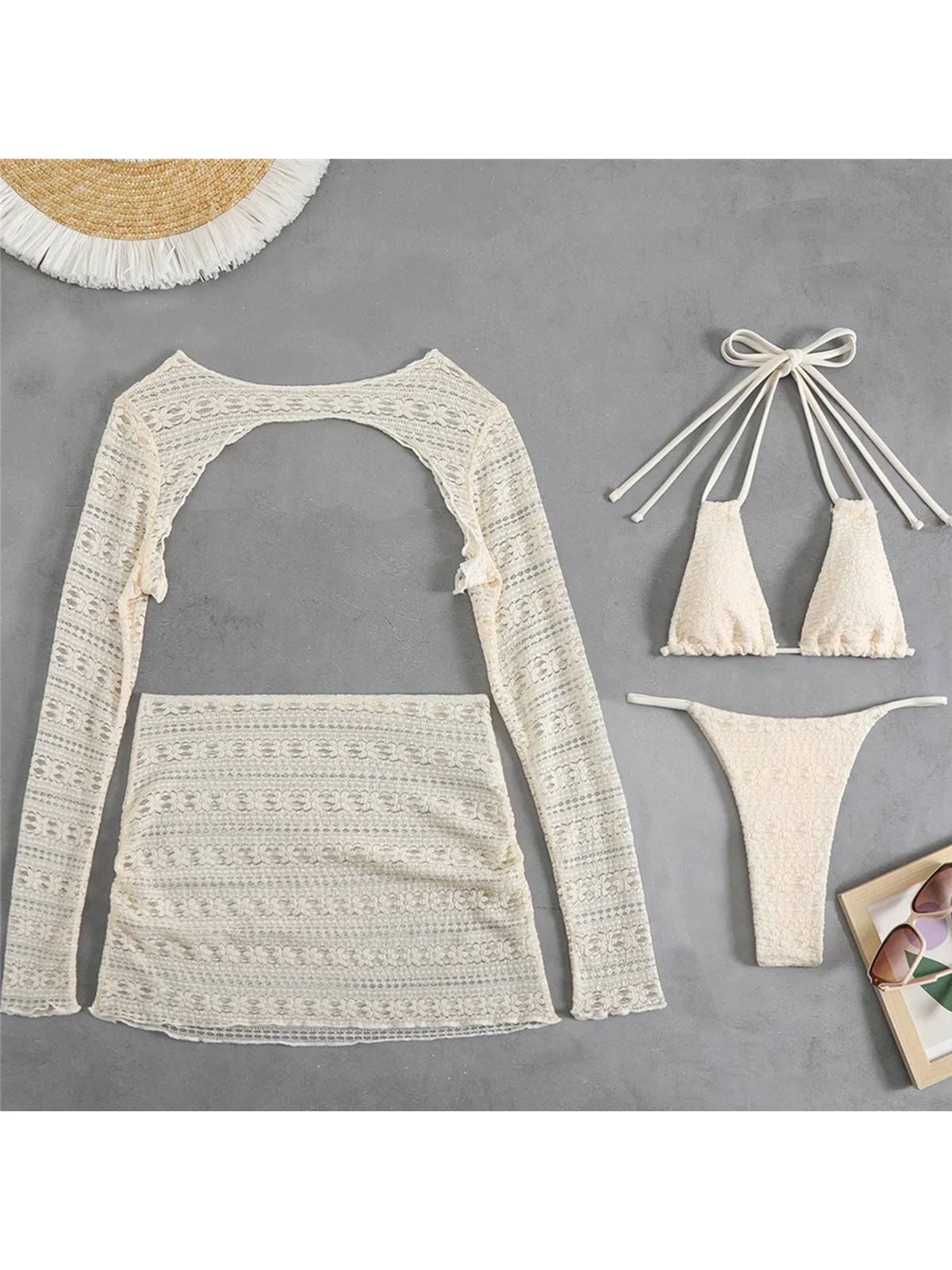 4PCS Halter With Skirt Long Sleeve Bikini Female Swimsuit Women Swimwear Four-pieces Bikini set Bather Bathing Suit Swim V6339