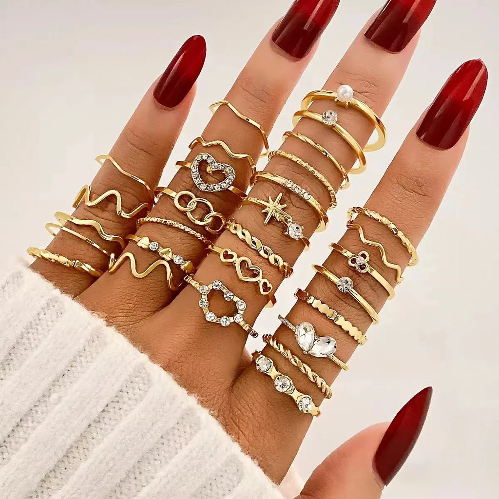 28PCS Boho Element, Geometric Sparkler Vintage Ring Set, Fashion Ring, Heart Design