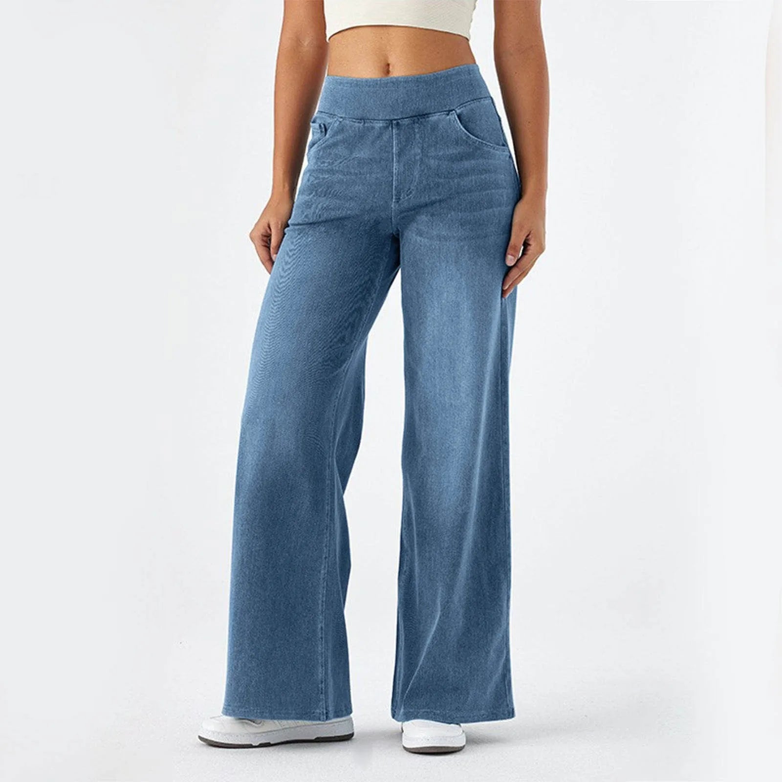 Baggy Jeans Women Pull On Wide Leg Jeans With Elastic Waistband High Waist Stretch Wide Leg Jeans Women With 4 Pockets