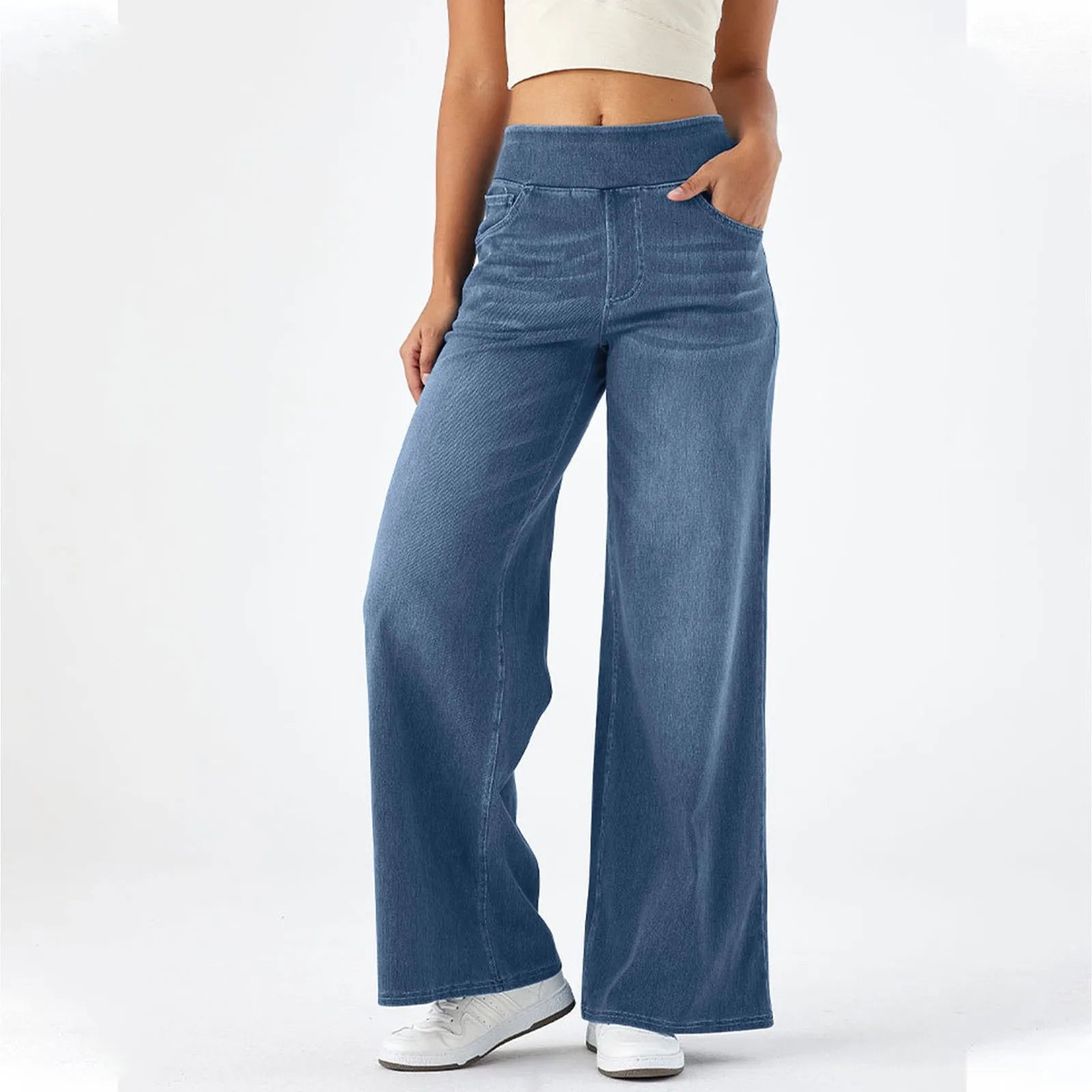 Baggy Jeans Women Pull On Wide Leg Jeans With Elastic Waistband High Waist Stretch Wide Leg Jeans Women With 4 Pockets