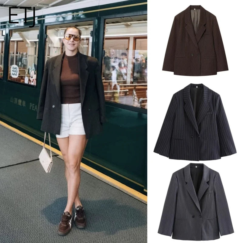 ETJ Fall/Winter 2025 New  Women's Street Fashion oversized pinstripe shoulder-padded loose suit jacket for women