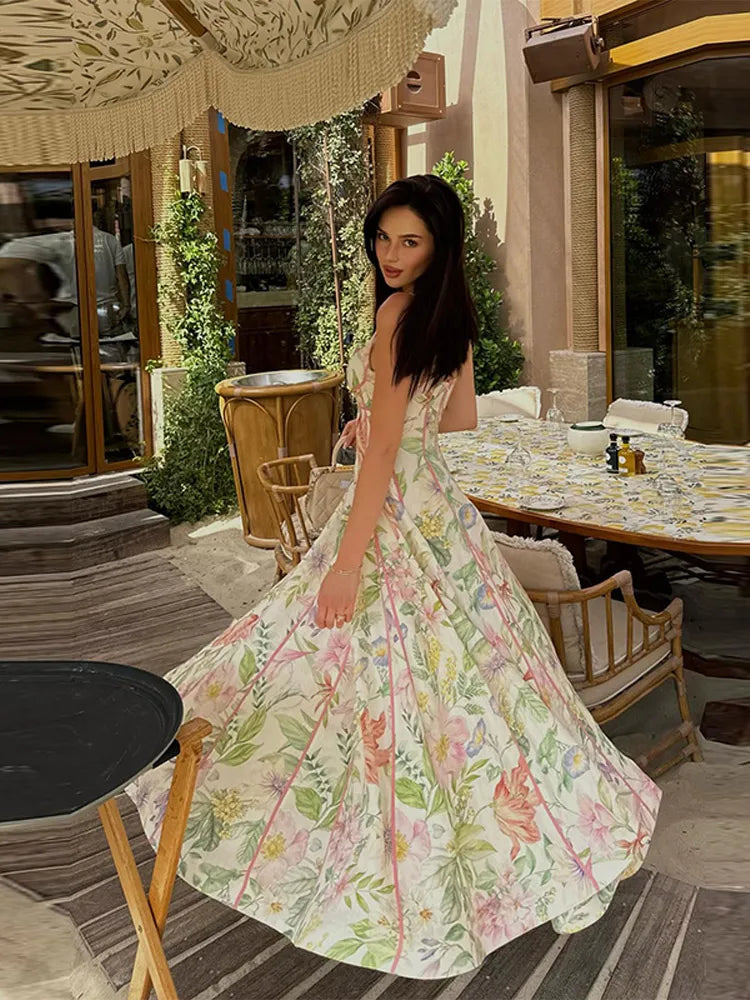 Fashion Halter Printed Sling Long Dress Women Pleat Backless Sleeveless A-line Holiday Dresses 2026 Summer Lady Contrast Robes