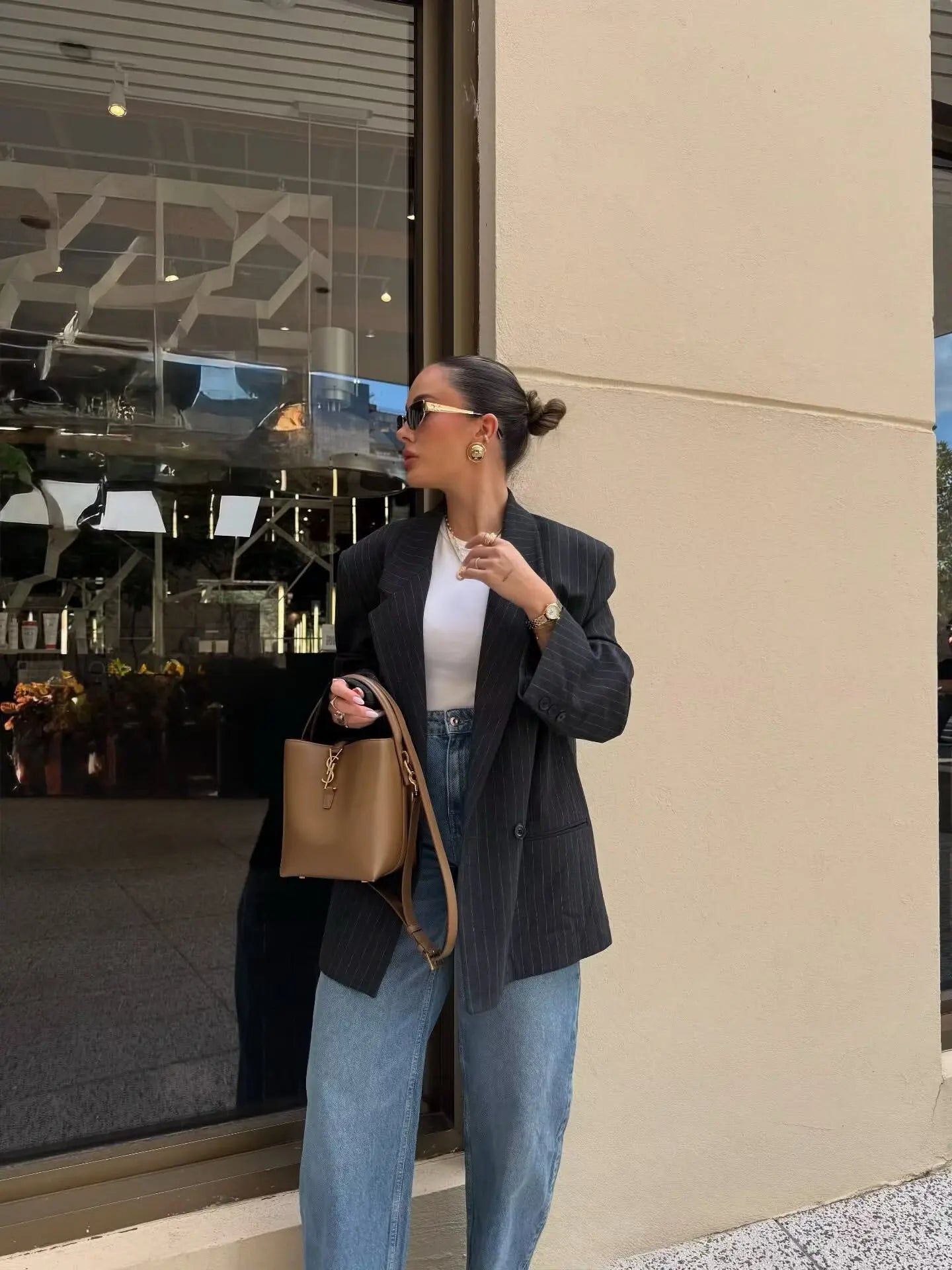 ETJ Fall/Winter 2025 New  Women's Street Fashion oversized pinstripe shoulder-padded loose suit jacket for women