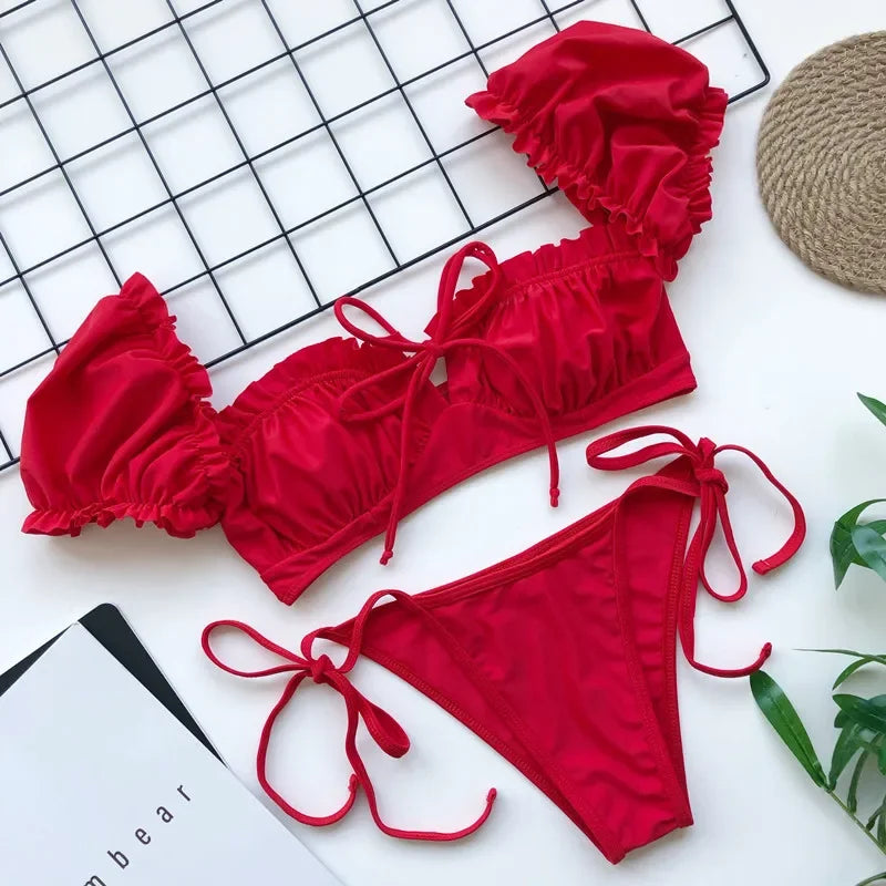 Sexy Ruffle Bikinis 2024 Women Short Sleeve Solid Swimwear Push Up Swimsuit High Cut String Bathing Suit Bandage Thong Beachwear