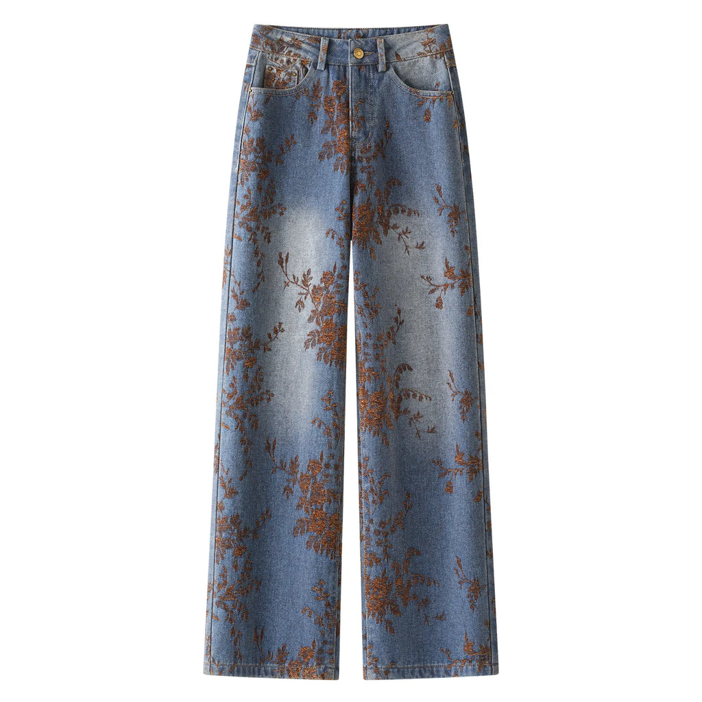 2026 Fashion Jacquard Jeans Women's Vintage Washed Denim Straight Trousers Autumn Winter Loose Casual Pants Comfy Wide-leg Jeans