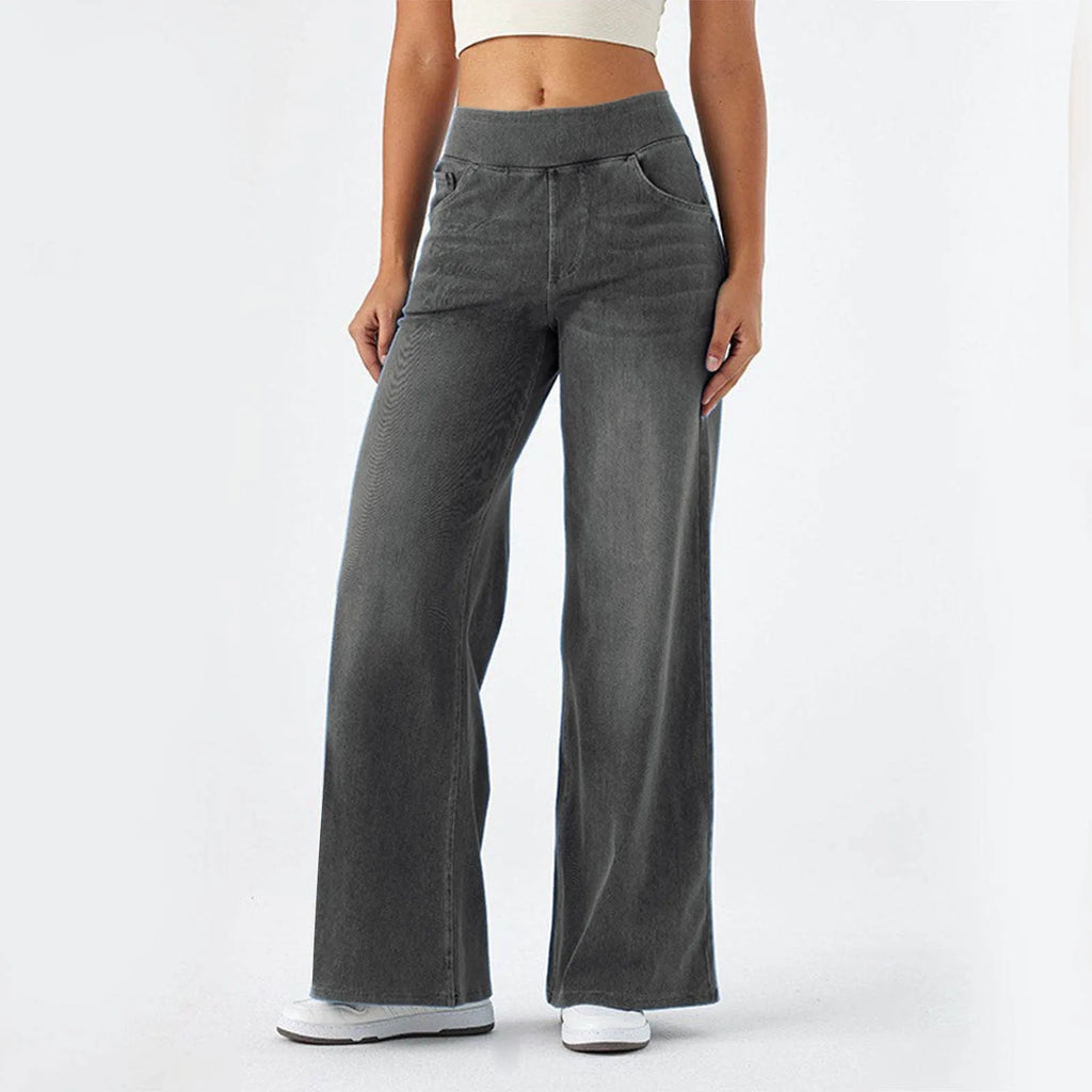 Baggy Jeans Women Pull On Wide Leg Jeans With Elastic Waistband High Waist Stretch Wide Leg Jeans Women With 4 Pockets