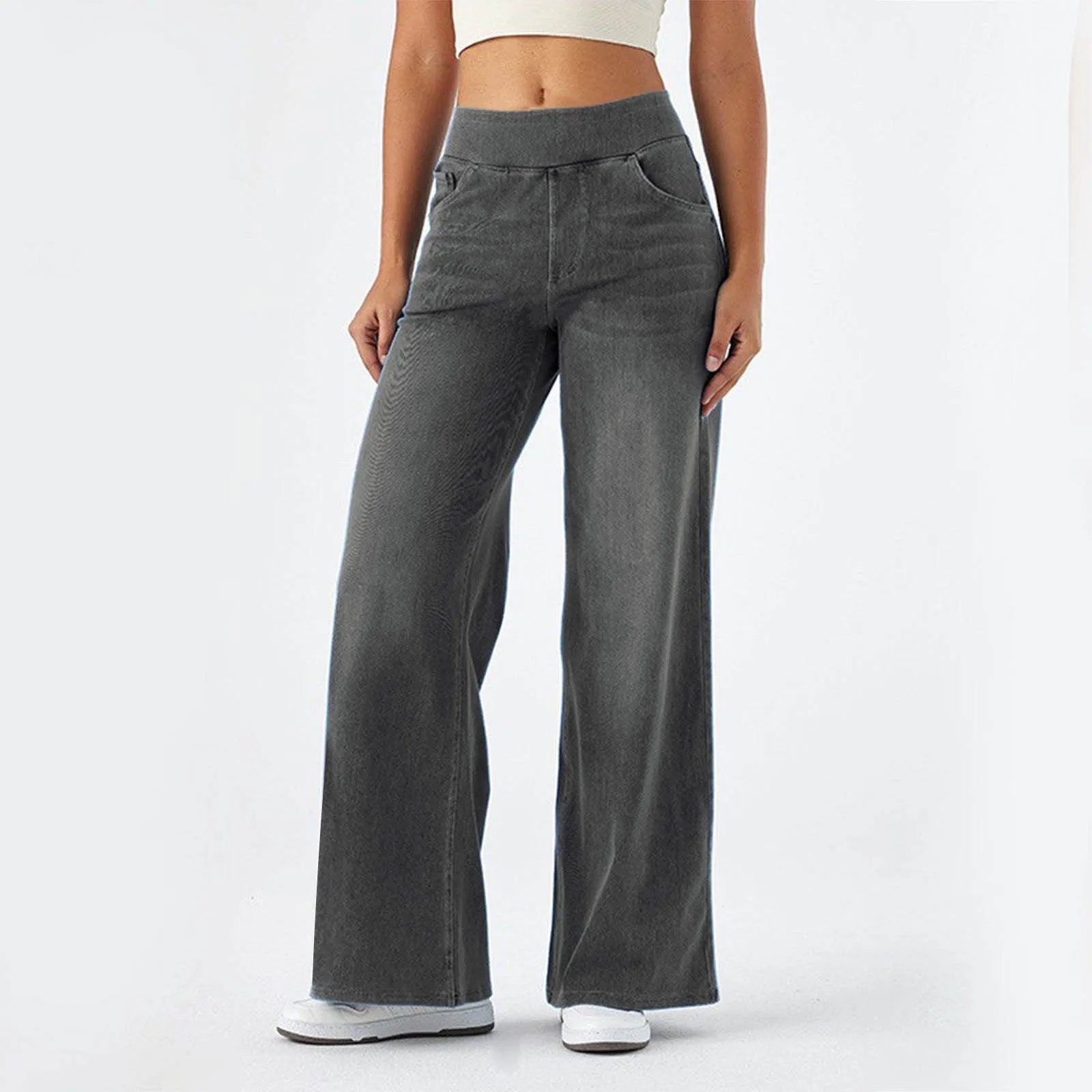 Baggy Jeans Women Pull On Wide Leg Jeans With Elastic Waistband High Waist Stretch Wide Leg Jeans Women With 4 Pockets
