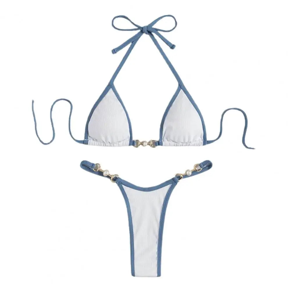 2Pcs/Set Sexy Micro Bikini 2022 Chain Swimsuit Halter Wire Free Faux Pearl Bikini Set traje de baño mujer бикини