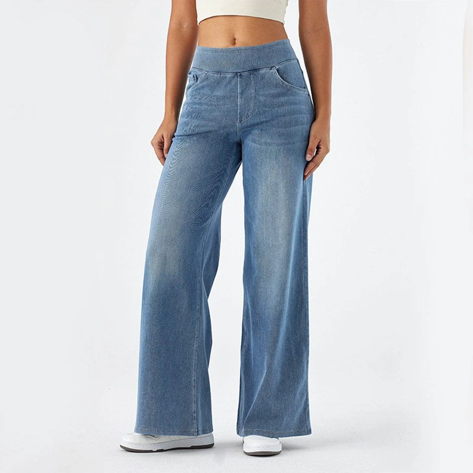 Baggy Jeans Women Pull On Wide Leg Jeans With Elastic Waistband High Waist Stretch Wide Leg Jeans Women With 4 Pockets
