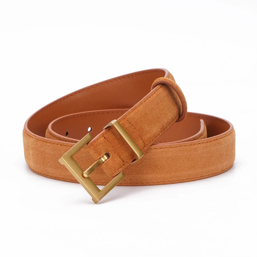 2024 New Double Genuine Leather Belt for Women, Cowhide Suede Belts with Trendy Square Alloy Buckle, Ideal for Dresses and Jeans