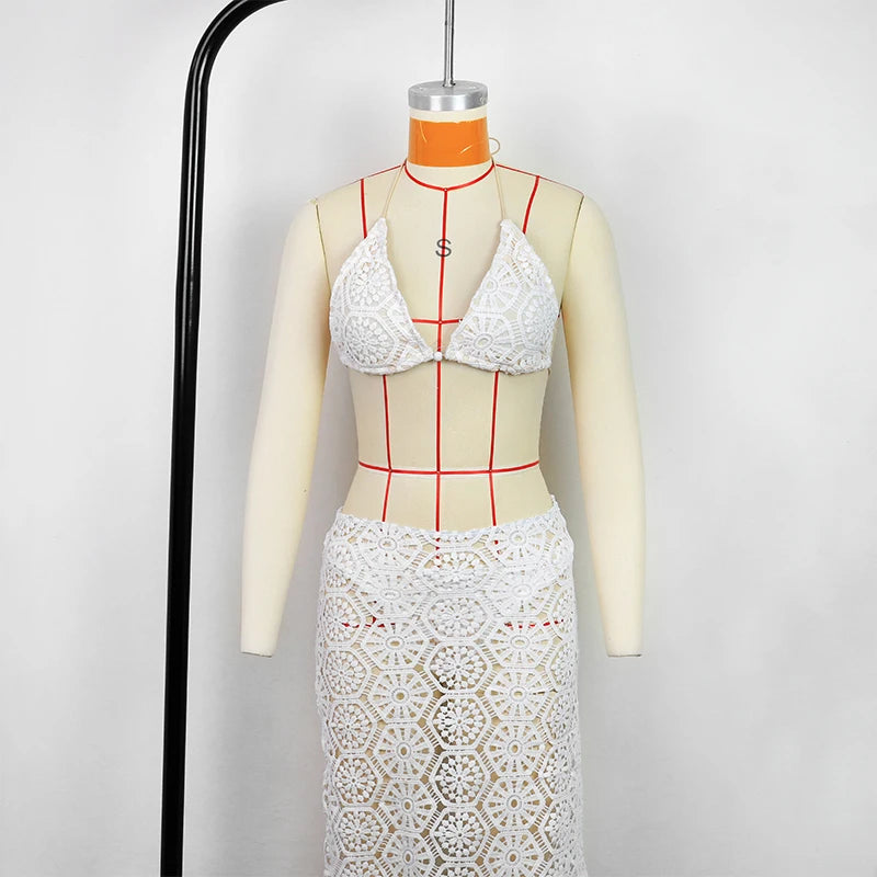 Sexy White Lace 3 Pieces Bikini 2025 Women Swimsuit Swimwear Long Sarong Cover Up Bikini Set Beachwear Bathing Suit Swimming