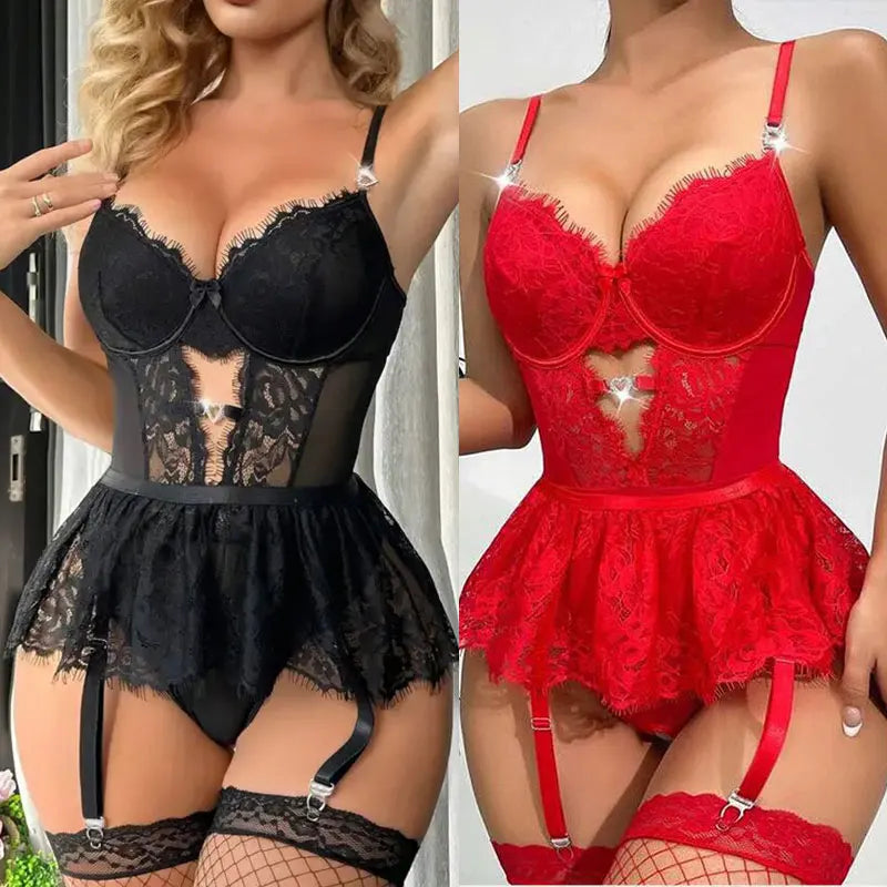 Lenceria Mujer Sexy Push Up Bras Sexy Outfits Bra Panties Set G-string Garter Belt Lenceria Set Lace Dress Women's Intimates
