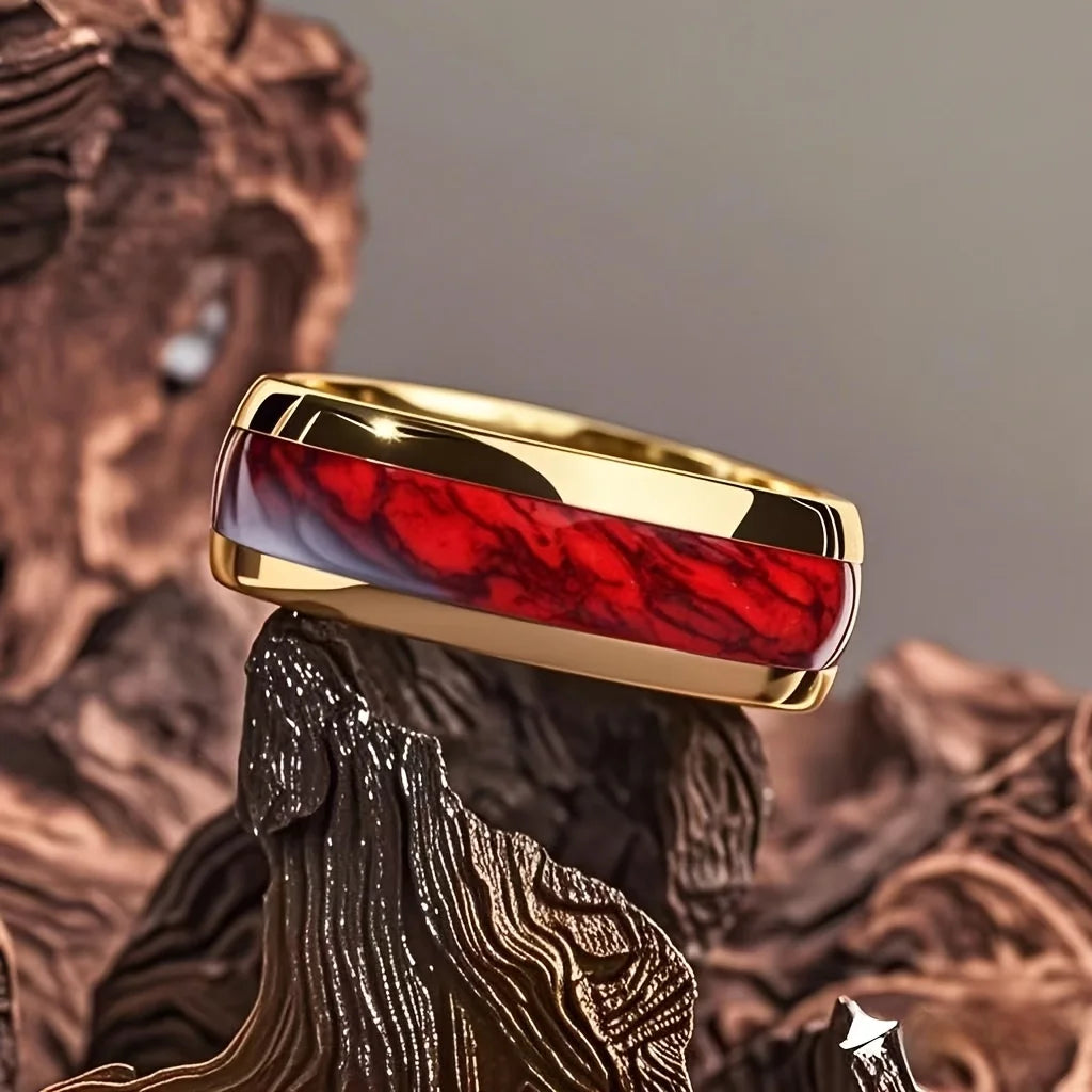 8MM Fashion Men Women Red Stone Inlay Stainless Steel Rings Unique Wedding Engagement Jewelry Party Steel Ring Accessories