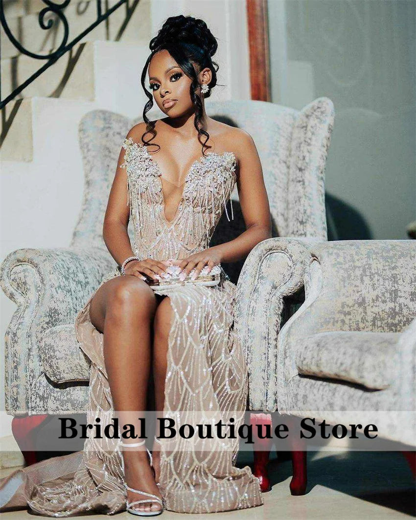 Luxury Champagne Prom Dresses Bead Crystals Diamonds Tassels Side Split Birthday Party Wedding Party Gown Vestidos Customized