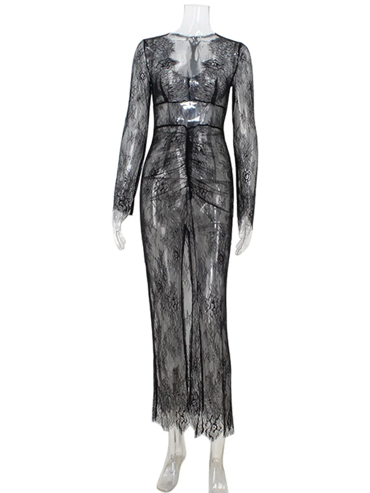 CNYISHE Unlined Lace Sheer Sexy Club Outfits Skinny Women Dresses V Neck Long Sleeve Split Fashion Bodycon Female Vestidos Robes
