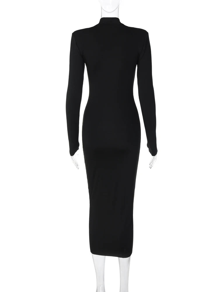Hugcitar Women Fashion Turtleneck Long Sleeves Black Sexy Bodycon Maxi Prom Dress Fall Casual Clothes Streetwear Party Festival