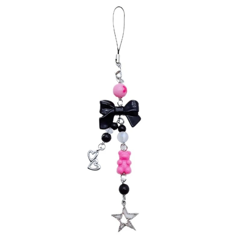 Phone Charm Strap Y2K Keychain Kawaii-Cute Pendant Jewelry Keyring Lanyard String Black Cross-Bow Beaded Chain for Women Girl
