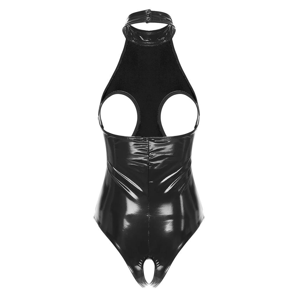 Womens Latex Lingerie Cutout Patent Leather Bodysuit Halter Neck Backless Crotchless Open Cup Teddies Leotard Erotic Clubwear