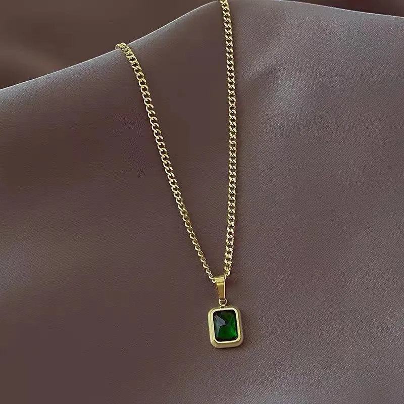 Fashion Retro Square Green Zircon Pendant Necklaces For Women Charm Necklace Girls Wedding Engagement Jewelry Gift